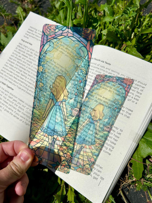 Alice in Wonderland Stained Glass Bookmark – Whimsical Fairy Tale Art, Enchanting Wonderland Adventure