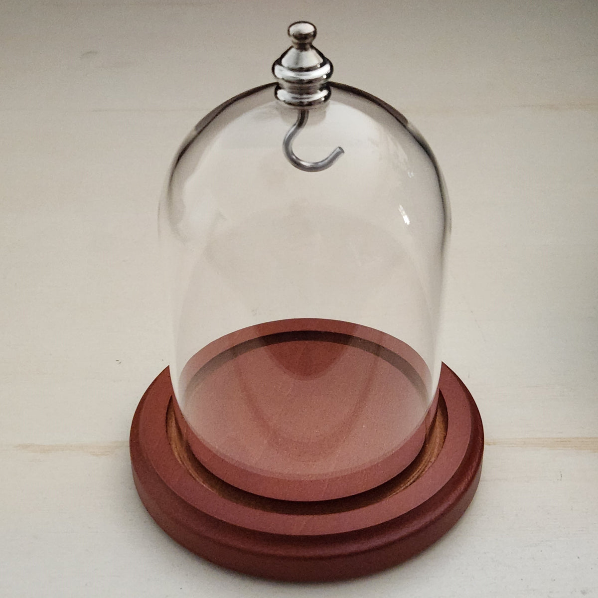 Pocket Watch Glass Display Dome Cloche Silver Knob & Hook Walnut Stained Base 3"x4"