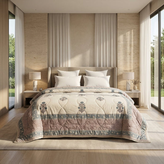 House of Avana Cream & Slate Blue Floral Jaipur Indian Hand Block Print Quilted Comforter