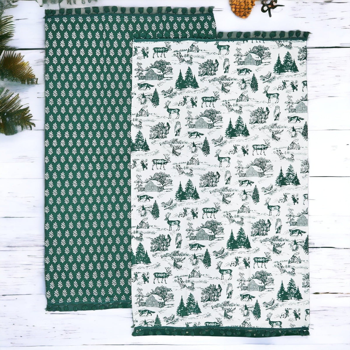 Forest Green Christmas Dish Towels Of 2 - 100 Percent Cotton Super Absorbent