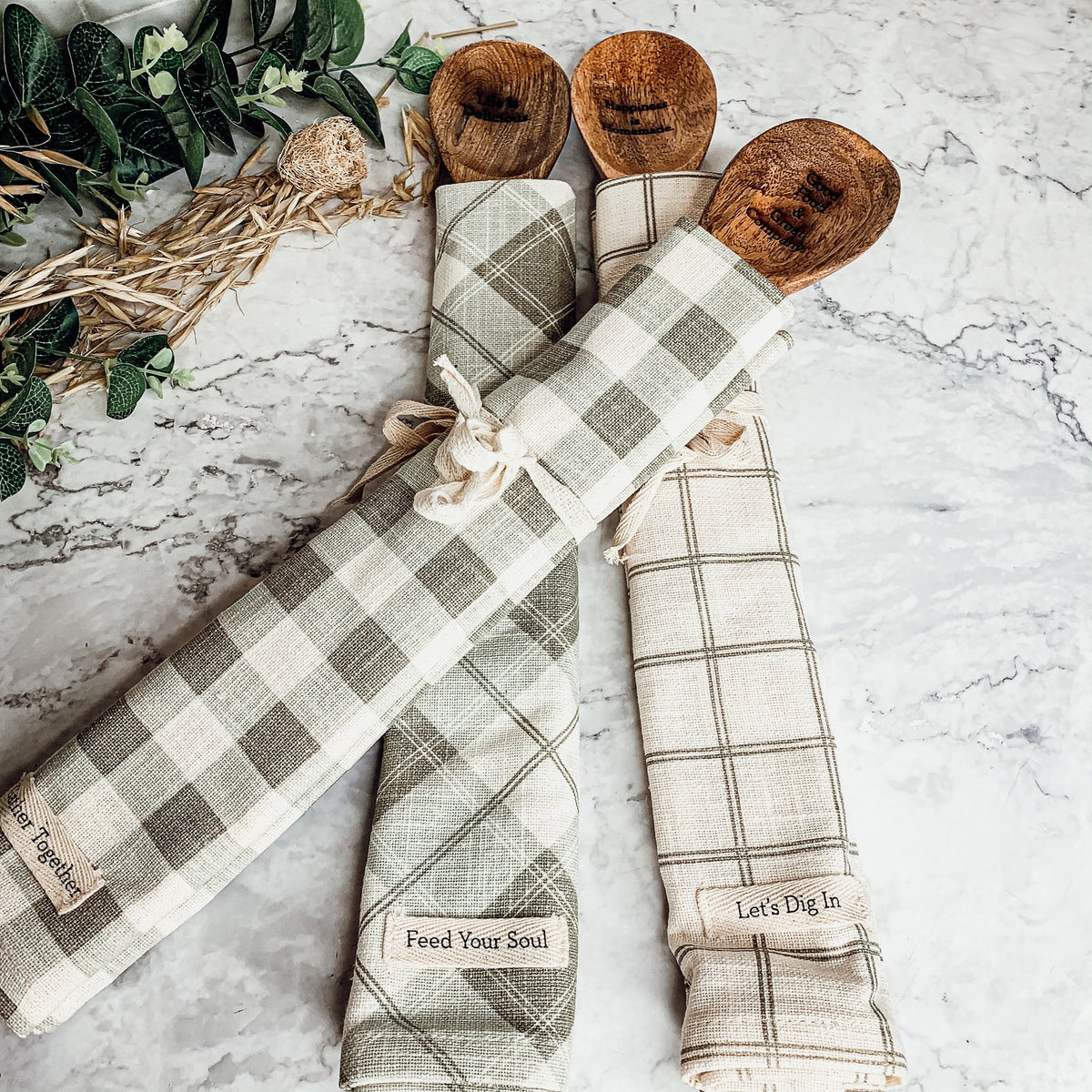 Happiness Is Homemade Wooden Spoon And Checkered Dish Towel Gift Set