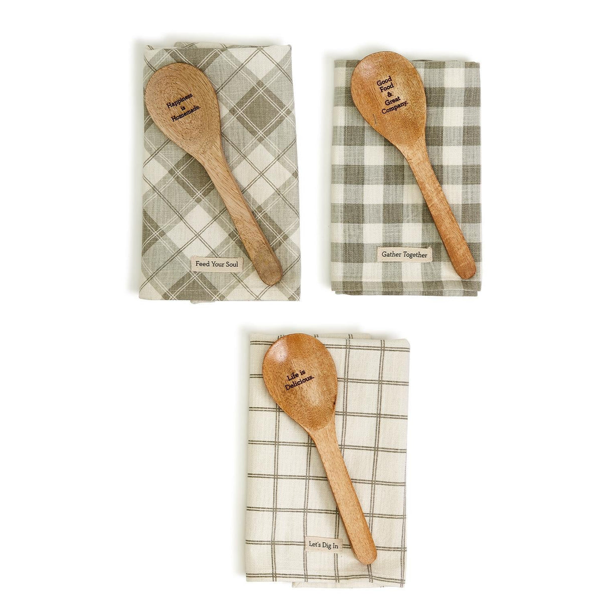 Happiness Is Homemade Wooden Spoon And Checkered Dish Towel Gift Set