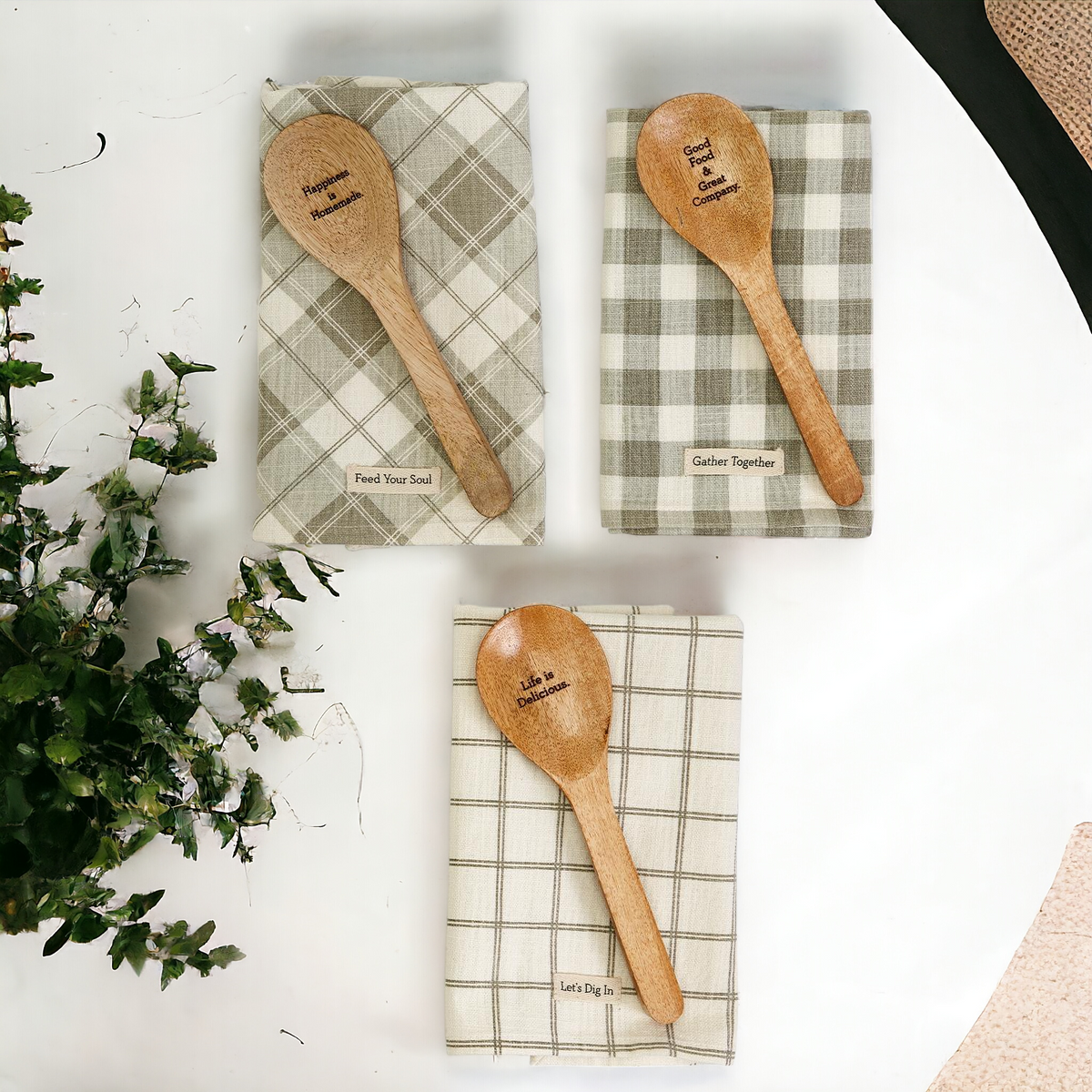 Happiness Is Homemade Wooden Spoon And Checkered Dish Towel Gift Set