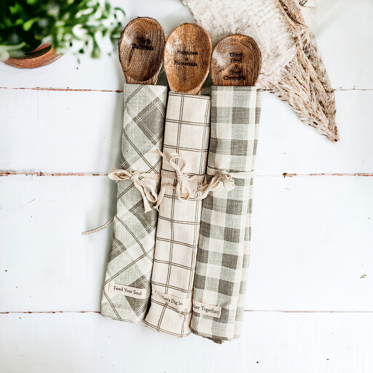 Happiness Is Homemade Wooden Spoon And Checkered Dish Towel Gift Set