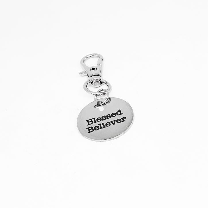 Blessed Believer Clip On Charm Stainless Steel Engraved Christian Keychain Faith Gift Religious Jewelry Cross Cutout Bible Verse Charm