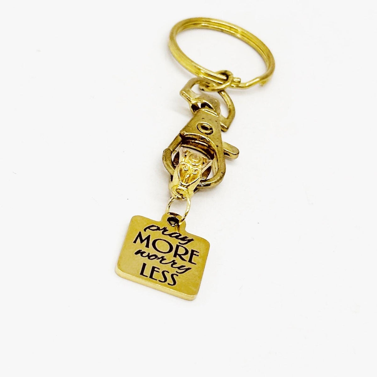 Pray More Worry Less Keychain Faith Gift Christian Gold Stainless Steel Engraved Charm Inspirational Religious