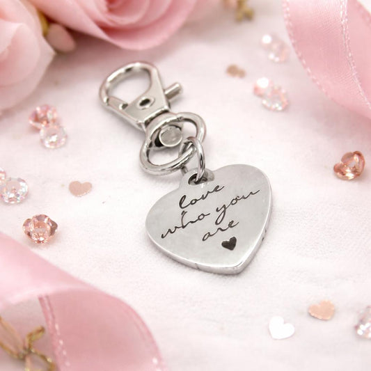 Love Who You Are Stainless Steel Clip On Charm Heart Engraved Inspirational Self Love Keychain Bag Charm Gift