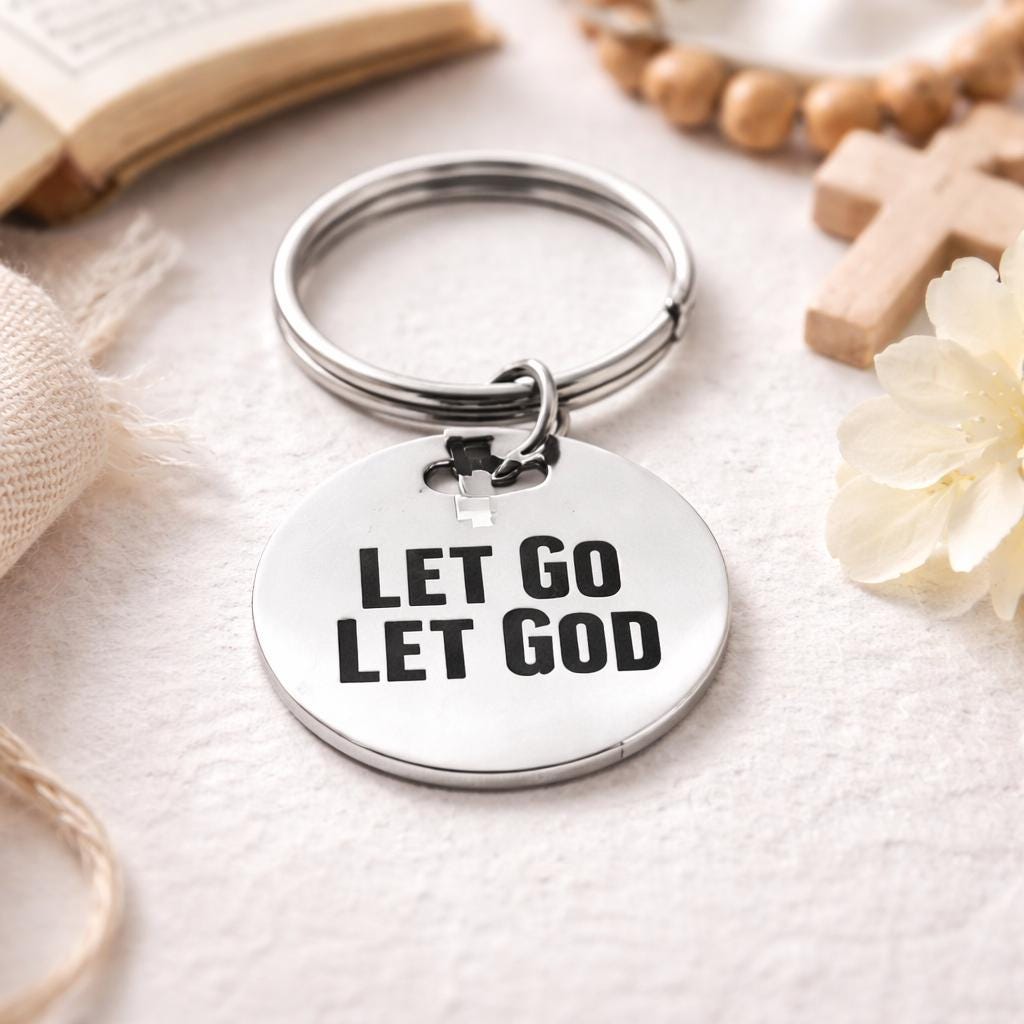 Let Go Let God Faith Keychain Christian Gift Inspirational Religious Stainless Steel Engraved Charm Keyring