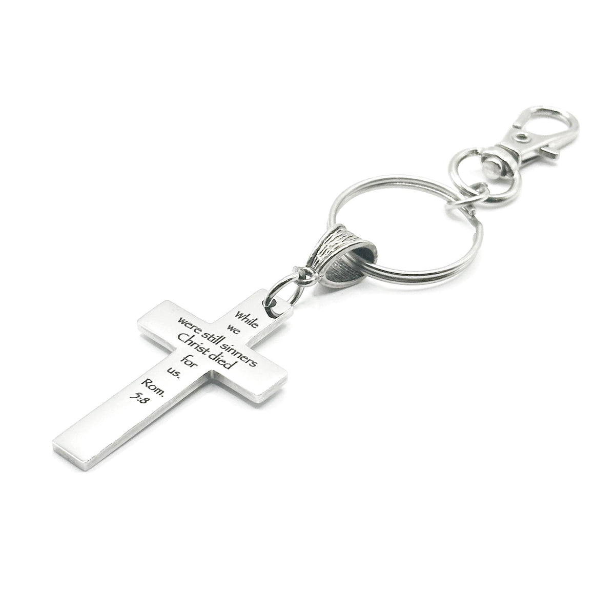Christ Died For Us Romans 5 8 Charm Keychain Stainless Steel Christian Gift Scripture Cross