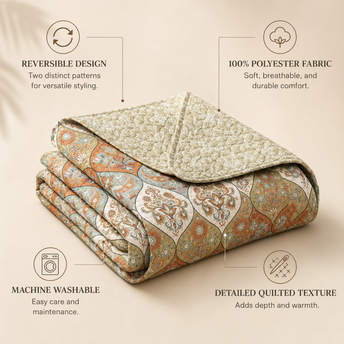 DaDa Bedding Bohemian Floral Paisley Garden Coral Teal Quilted Bedspread Set (LH1403)