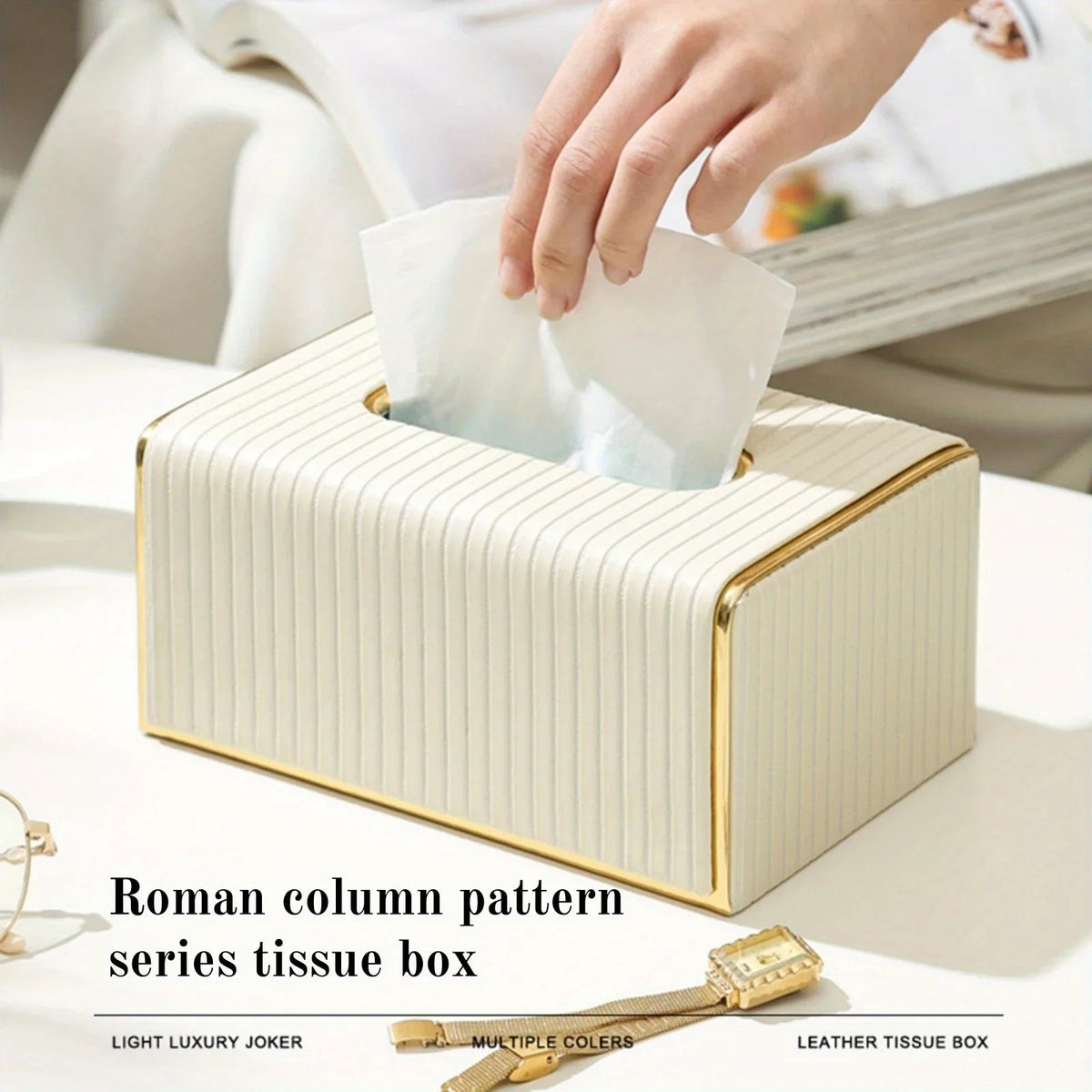 [Luxury Tissue Box Cover] Premium Faux Leather 1-Pack Striped Tissue Box Cover | Dual-Purpose for Dining Table & Home Decor, Golden Accents, Holds Standard Tissues, Modern Luxury Design for Living Room, Office, Hotel