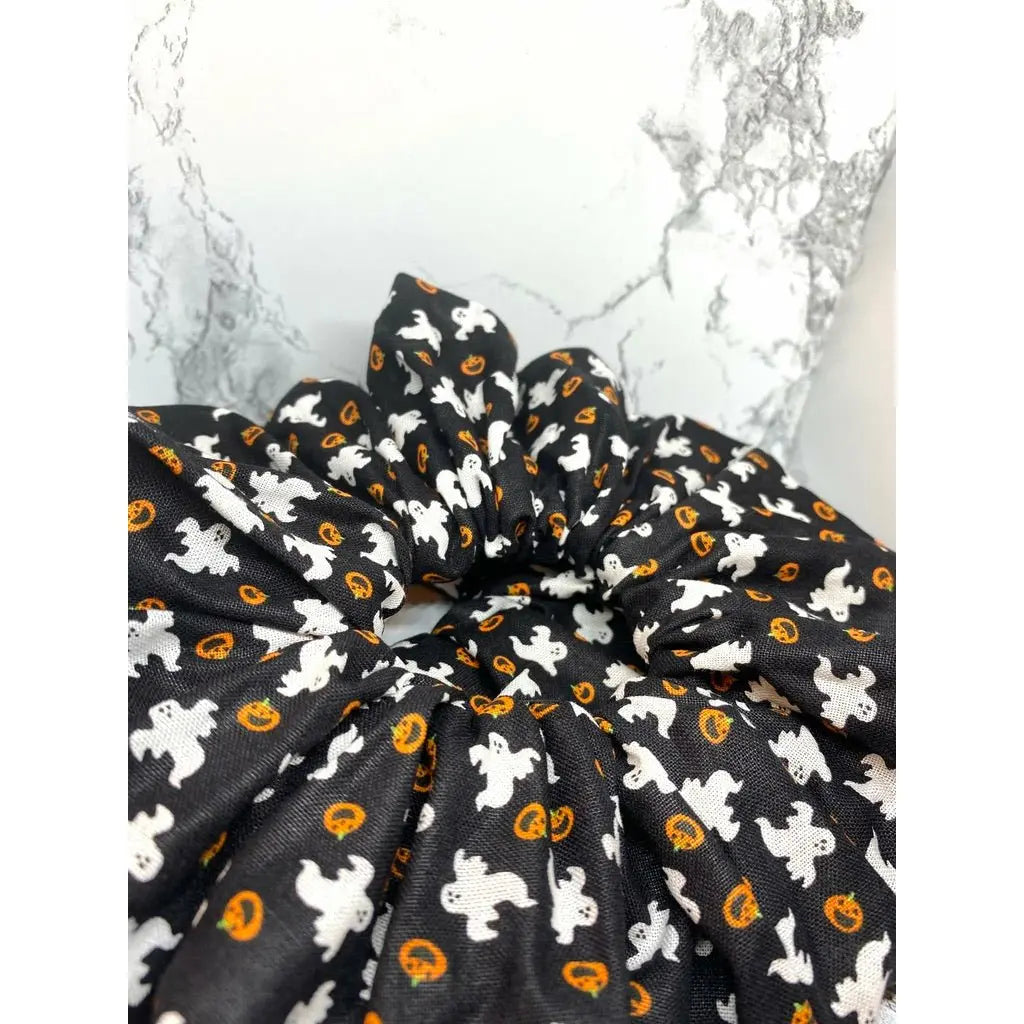 Ghost and Pumpkin Silk Halloween Scrunchie