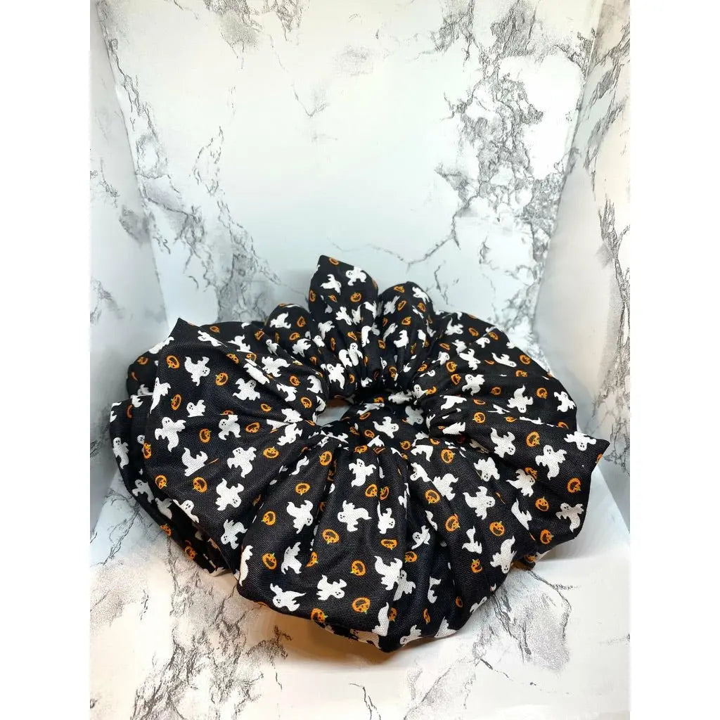 Ghost and Pumpkin Silk Halloween Scrunchie