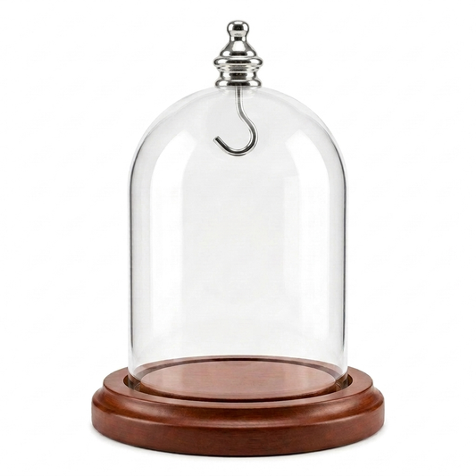 Pocket Watch Glass Display Dome Cloche Silver Knob & Hook Walnut Stained Base 3"x4"