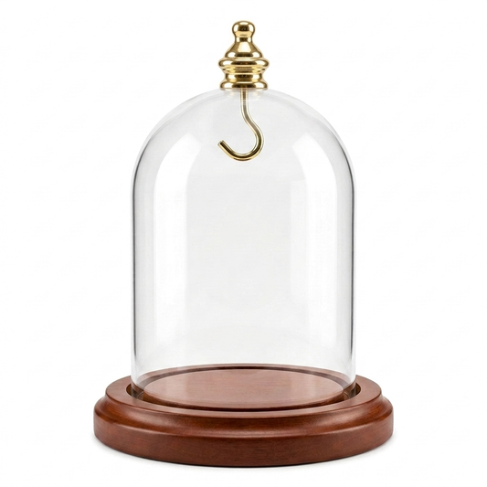 Pocket Watch Glass Display Dome Cloche Gold Knob & Hook Walnut Stained Base 3"x4"