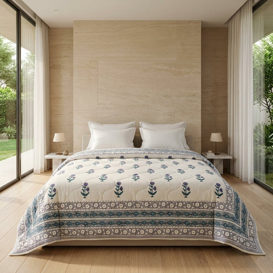 House of Avana Cream & Indigo Blue Floral Jaipur Indian Hand Block Print Quilted Comforter