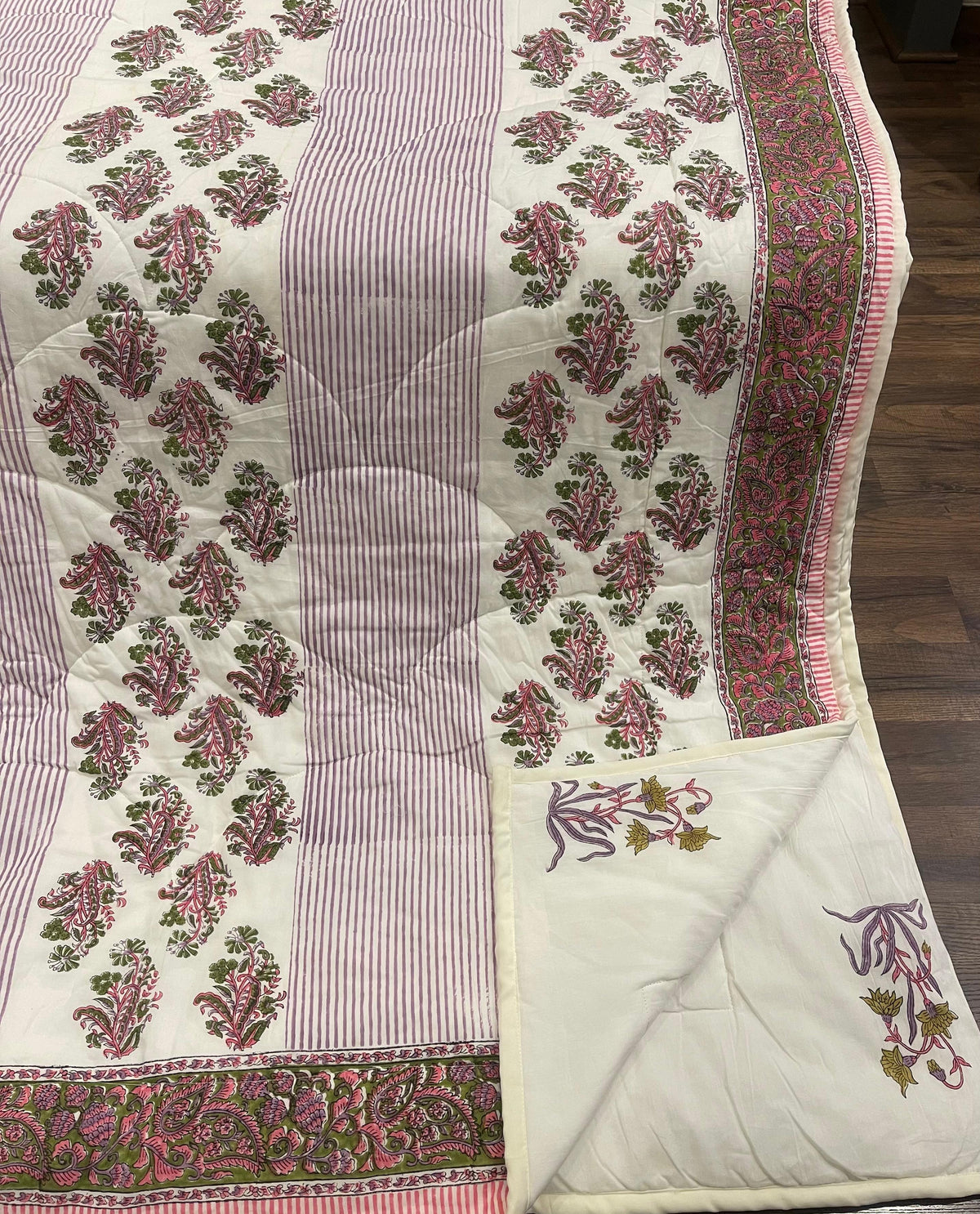 House of Avana Cream & Deep Pink Floral Jaipur Indian Hand Block Print Quilted Comforter