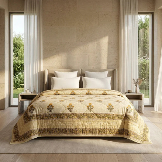 House of Avana Light Grey & Charcoal Floral Jaipur Indian Hand Block Print Quilted Comforter